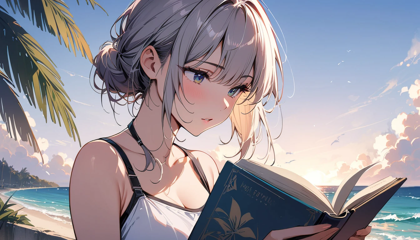 (masterpiece, Highest quality:1.2), 1 Girl, alone,Eyes open,I have a book,Tropical atmosphere,Ocean