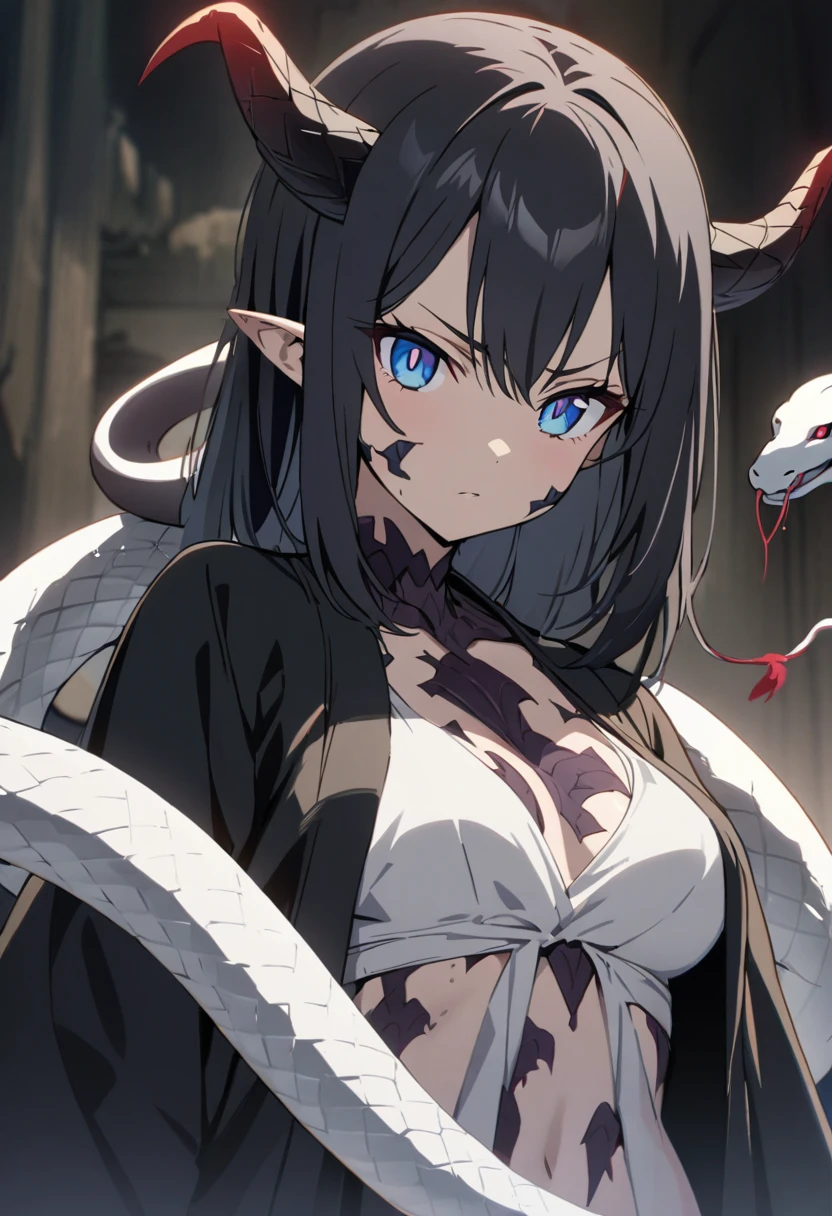 One woman, masterpiece, top quality, fair skin, black hair, blue eyes, red pupils, snake, plain white kosode, black haori, black scales all over the body, horns growing from the side of the head, anime