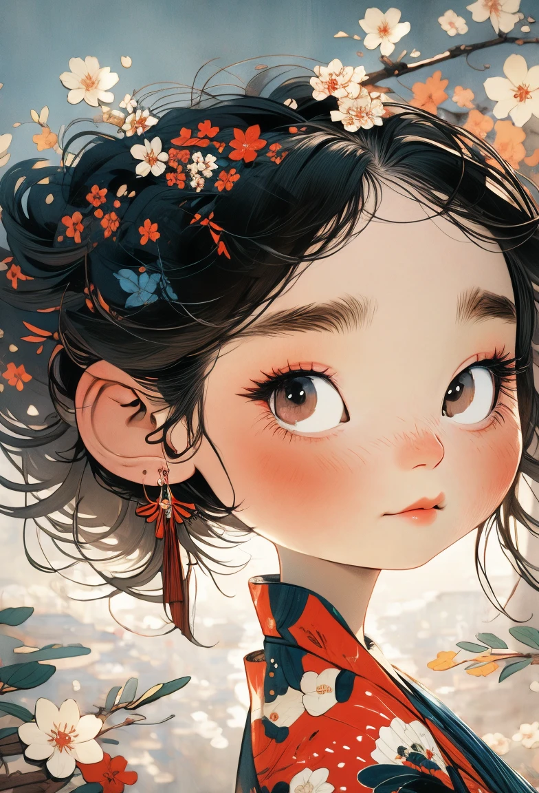 watercolor，Chibi A cartoon little girl wearing a red V-neck shirt and white shorts, Show your bright teeth, Big cute eyes, Cute numbers, Cute numbers艺术, Beautifully detailed digital art, Lovely portrait, Cartoon art style, Super cute and stylish black-haired girl, Kawaii realistic portrait, Cute cartoon style, (((Red Cliff))) Beautiful Art, Realistic cute girl