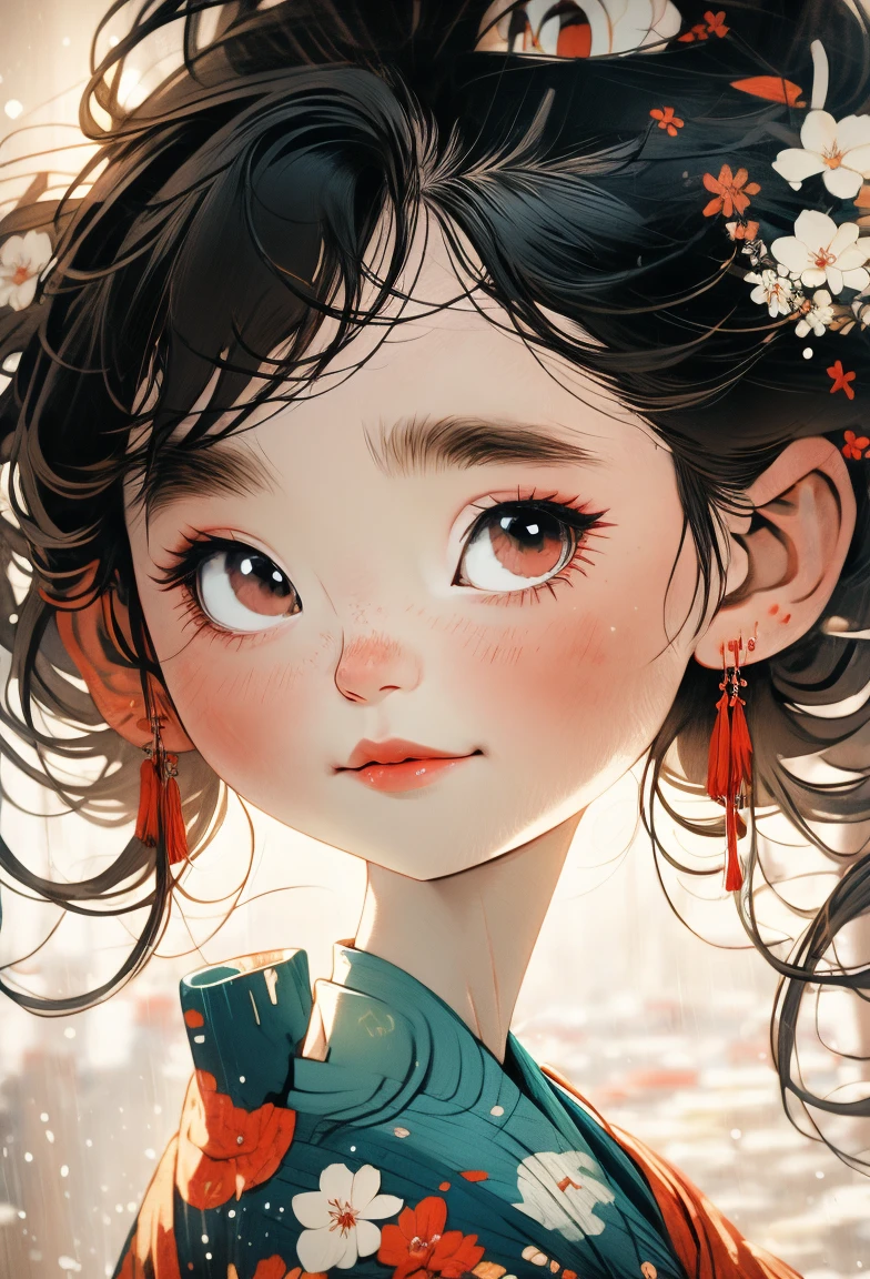 watercolor，Chibi A cartoon little girl wearing a red V-neck shirt and white shorts, Show your bright teeth, Big cute eyes, Cute numbers, Cute numbers艺术, Beautifully detailed digital art, Lovely portrait, Cartoon art style, Super cute and stylish black-haired girl, Kawaii realistic portrait, Cute cartoon style, (((Red Cliff))) Beautiful Art, Realistic cute girl