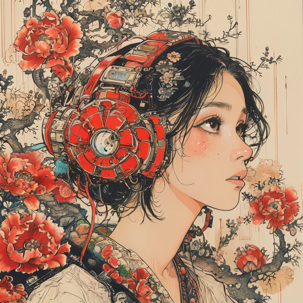 (​masterpiece、top-quality、top-quality、Official art、Beautifully Aesthetic:1.2)、(1girl in:1.3)、ighly detailed、(Fractal Art:1.1)、（color:1.1) (florals:1.3)、(line-drawing)、line-drawing、Pen drawing、Zentangle、(Tattoo patterns:1.2)、(complex lines)、(​masterpiece)、(top-quality:1.1)、(ultra-detailliert)、The best illustrations、finely detail、hand-drawn high quality、highly contrast、(Clean lines:1.3)、ligne claire、(portlate)、(very closeup:1.1)、girly fashion、antique、Red-black、1 girl in、catss、solo、A girl is surrounded by flowers、(intricate-detail:1.3)、(detailedbackground:1.2)、(coloured background:1.1)、Sketched、intricate-detail、hight resolution