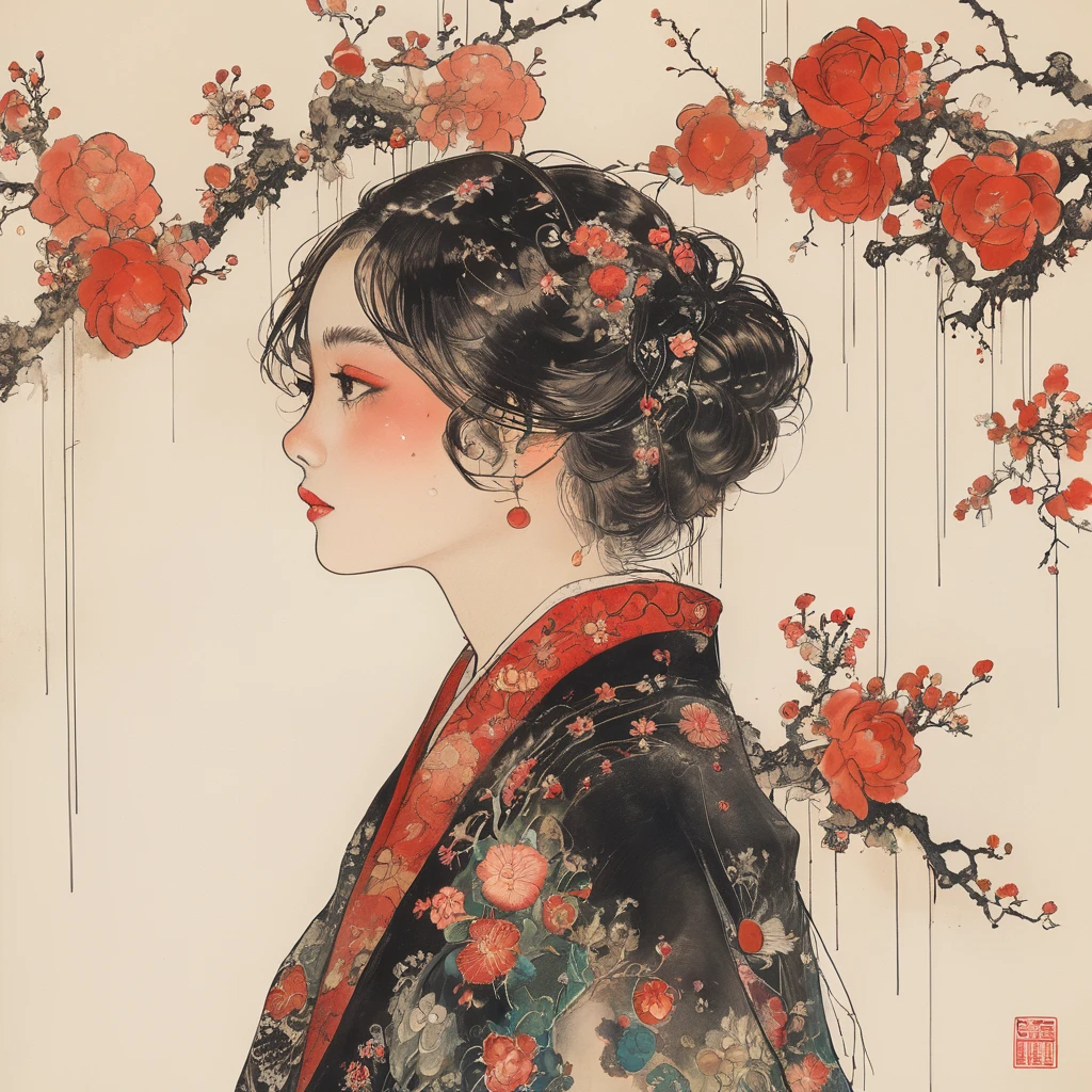 (​masterpiece、top-quality、top-quality、Official art、Beautifully Aesthetic:1.2)、(1girl in:1.3)、ighly detailed、(Fractal Art:1.1)、（color:1.1) (florals:1.3)、(line-drawing)、line-drawing、Pen drawing、Zentangle、(Tattoo patterns:1.2)、(complex lines)、(​masterpiece)、(top-quality:1.1)、(ultra-detailliert)、The best illustrations、finely detail、hand-drawn high quality、highly contrast、(Clean lines:1.3)、ligne claire、(portlate)、(very closeup:1.1)、girly fashion、antique、Red-black、1 girl in、catss、solo、A girl is surrounded by flowers、(intricate-detail:1.3)、(detailedbackground:1.2)、(coloured background:1.1)、Sketched、intricate-detail、hight resolution