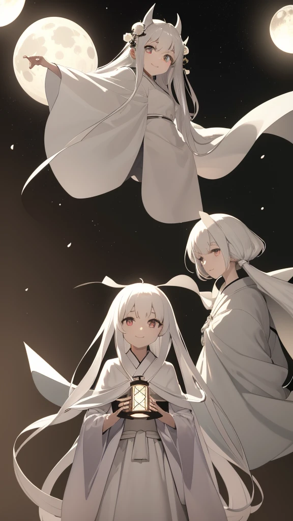 1girl, ghost girl, silver hair, white eyes, white skin, smile, long hair, flies, levitates in the air, white sheet, white cape, ghost, ghostly, translucent, holds a lantern, japanese lantern, night, the moon, objects are flying