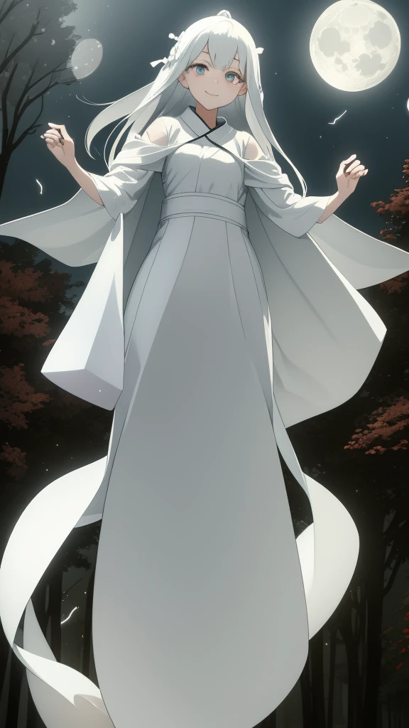 1girl, ghost girl, silver hair, white eyes, white skin, smile, long hair, flies, levitates in the air, white sheet, white cape, ghost, ghostly, translucent, holds a lantern, japanese lantern, night, the moon, objects are flying