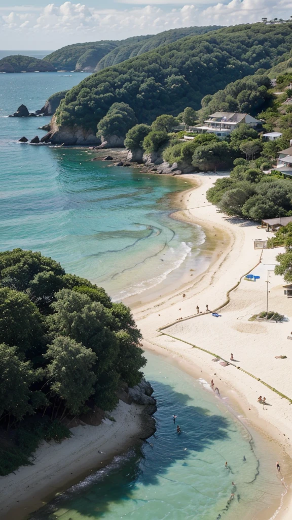 The image depicts a serene beach scene. The sandy shore is lined with people enjoying various activities, such as swimming and playing in the water. Some are dressed in swimsuits, while others wear more modest clothing, suggesting a family-friendly environment. The clear, calm blue water stretches out to meet lush, green hills in the background. The sky is partly cloudy, casting a gentle light over the landscape. There are no buildings or signs of urbanization visible, adding to the natural and tranquil atmosphere of the location.