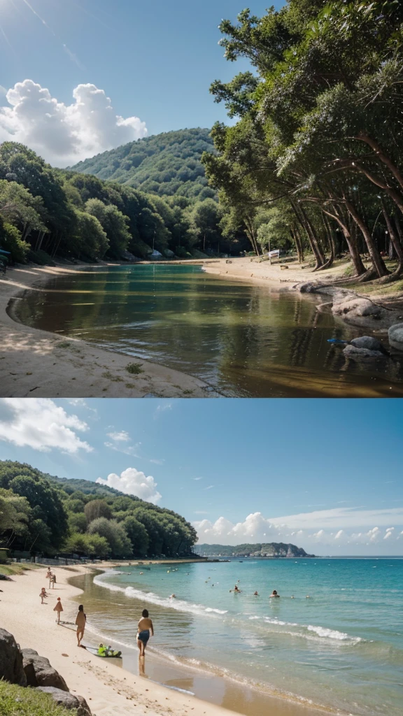 The image depicts a serene beach scene. The sandy shore is lined with people enjoying various activities, such as swimming and playing in the water. Some are dressed in swimsuits, while others wear more modest clothing, suggesting a family-friendly environment. The clear, calm blue water stretches out to meet lush, green hills in the background. The sky is partly cloudy, casting a gentle light over the landscape. There are no buildings or signs of urbanization visible, adding to the natural and tranquil atmosphere of the location.