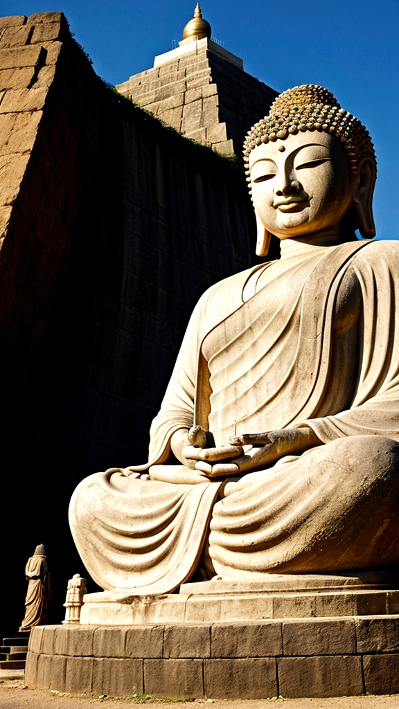 Big Buddha statue in the distance, Stone, texture, High target, majestic, background illuminated by sunlight,inverted image,side,pilgrims on the road