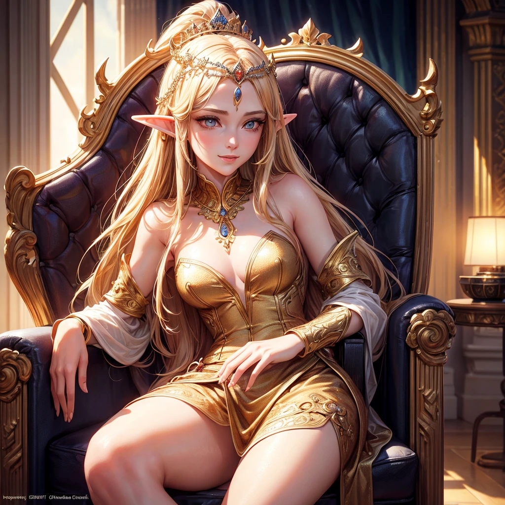 a woman in her thirties, 1girl, elf, long golden hair, small breasts, long pointed ears, bright golden eyes, smiling face, white sexy dress, crown on the head, sitting on a throne, manor, very sexy body, detailed face, beautiful detailed eyes, beautiful detailed lips, extremely detailed eyes and face, long eyelashes, detailed clothing, intricate details, highly detailed, photo realistic, 8k, best quality, masterpiece, cinematic lighting, dramatic lighting, vibrant colors, fantasy, digital art, concept art