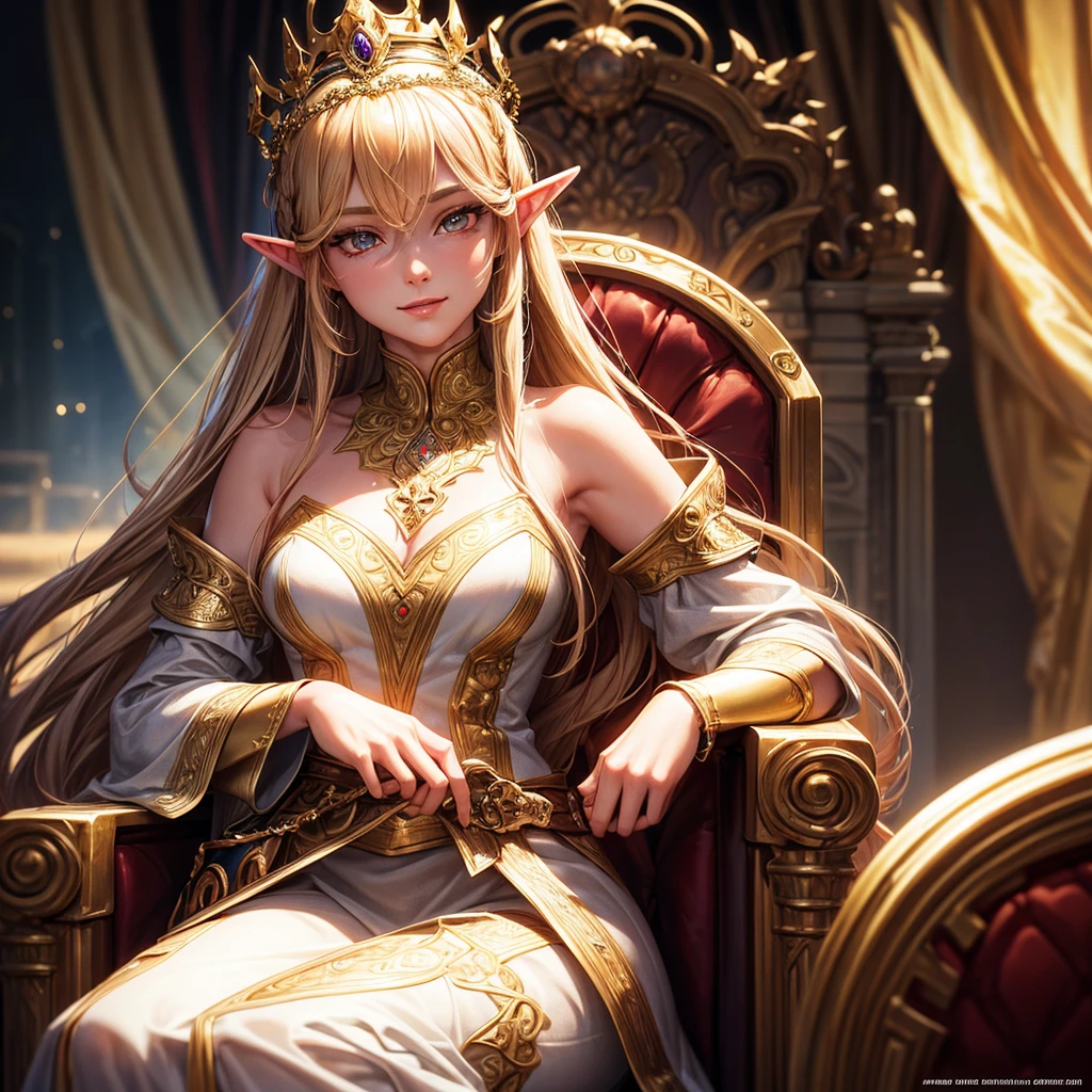 a woman in her thirties, 1girl, elf, long golden hair, small breasts, long pointed ears, bright golden eyes, smiling face, white sexy dress, crown on the head, sitting on a throne, manor, very sexy body, detailed face, beautiful detailed eyes, beautiful detailed lips, extremely detailed eyes and face, long eyelashes, detailed clothing, intricate details, highly detailed, photo realistic, 8k, best quality, masterpiece, cinematic lighting, dramatic lighting, vibrant colors, fantasy, digital art, concept art