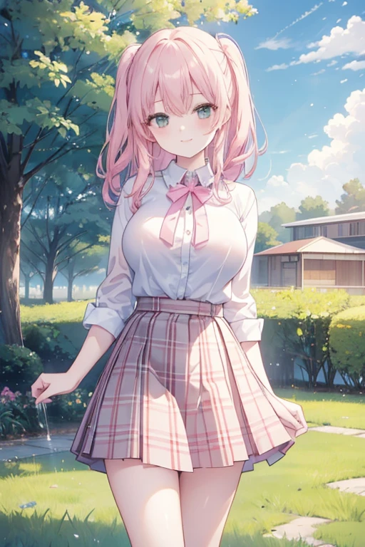 Show your chest,Kaori Hojo, girl, (masterpiece: 1.1), (highest quality: 1.1), upper body shirt, (white shirt: 1.1), (plaid skirt: 1.1), high waist skirt, rest [green grass : pink , :0.5] theme, (Urban background: 1.1), denim lenses, break pink, long, green eyes, view, , long low, girl, big breasts,smiled mischievously 