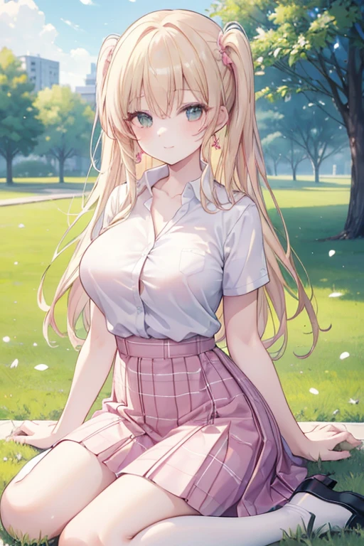 Show your chest,Kaori Hojo, girl, (masterpiece: 1.1), (highest quality: 1.1), upper body shirt, (white shirt: 1.1), (plaid skirt: 1.1), high waist skirt, rest [green grass : pink , :0.5] theme, (Urban background: 1.1), denim lenses, break pink, long, green eyes, view, , long low, girl, big breasts,smiled mischievously 