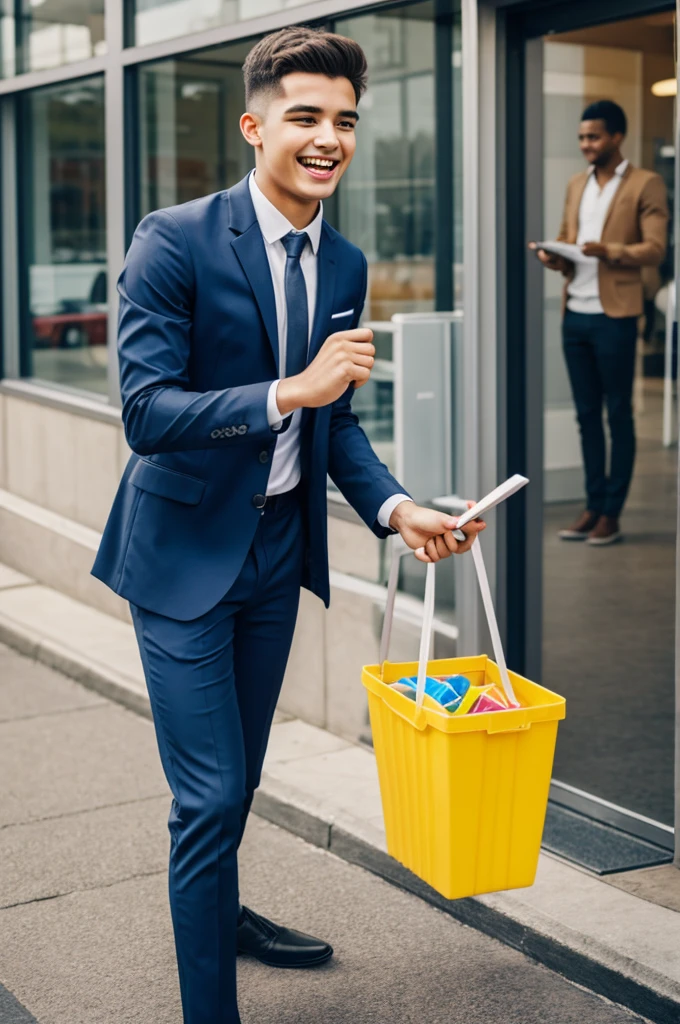 Young man getting a job, cheered up