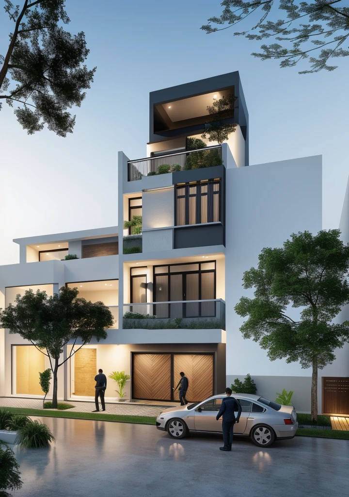 1 morden house, cofe space:1.4, main material by white wall and wood, large yard, 1 road runs in front of the house, (RAW photo, real, best quality, masterpiece:1.2), look morden minimalist, 1 road in front of the house, shime ring light, light brighteness from indoor:1.2, dynamic lighting:1.3, (hyper realistic, photo-realistic:1.2), high quality, (dark lighting:1.2), perfect lighting, archdaily