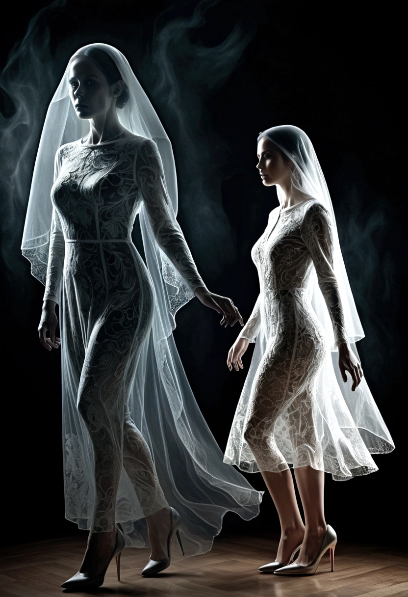 photoillustration of double exposure, a lady, a ghost-maiden (transparency effect of a ghost-spirit images facing on her), seamless mix, texture and pattern, ((solid effect 0.25)), iconic walking stance, high heels, dramatic shadows, dramatic lights, interlacing elements, transparent image facing on her, left side view, fantasy art, two tones, opposite-opponent digital manipulated photo art, hyper-realistic, ultra-detailed, crisp clarity, high-contrast, luminous ambiance, rich textures, intricate patterns, vivid colors, cinematic lighting, photorealistic, accurate anatomical proportions.