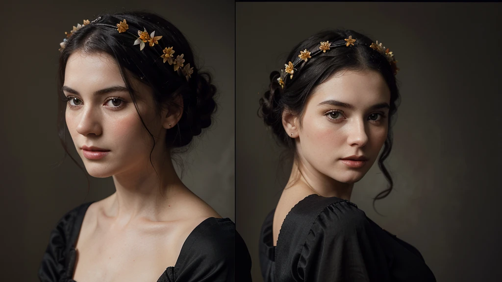 Create a hyper-realistic portrait of a 20th century woman with pale skin wearing a black dress from the 1900s, with black hair and an orange blossom crown.. The portrait must have a black background, old style photography and looking straight ahead. The woman must be pretty like a model, but you can't get lost in the dark