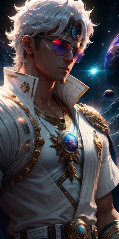 (8K), Super resolution 8K, Amazing illustrations of celestial bodies, Mysterious Hero , Warrior Prince,, cyberpunk glasses, Space Glasses, A flowing, shiny white tunic suit ,Cinema Lighting
