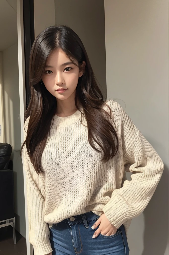 White woman wearing a rib knit sweater on her black skinny jeans, slender, confused face, 17 years old, The right hand puts your hand on your thigh and the left hand puts your hand on your waist,full body, blonde,standing