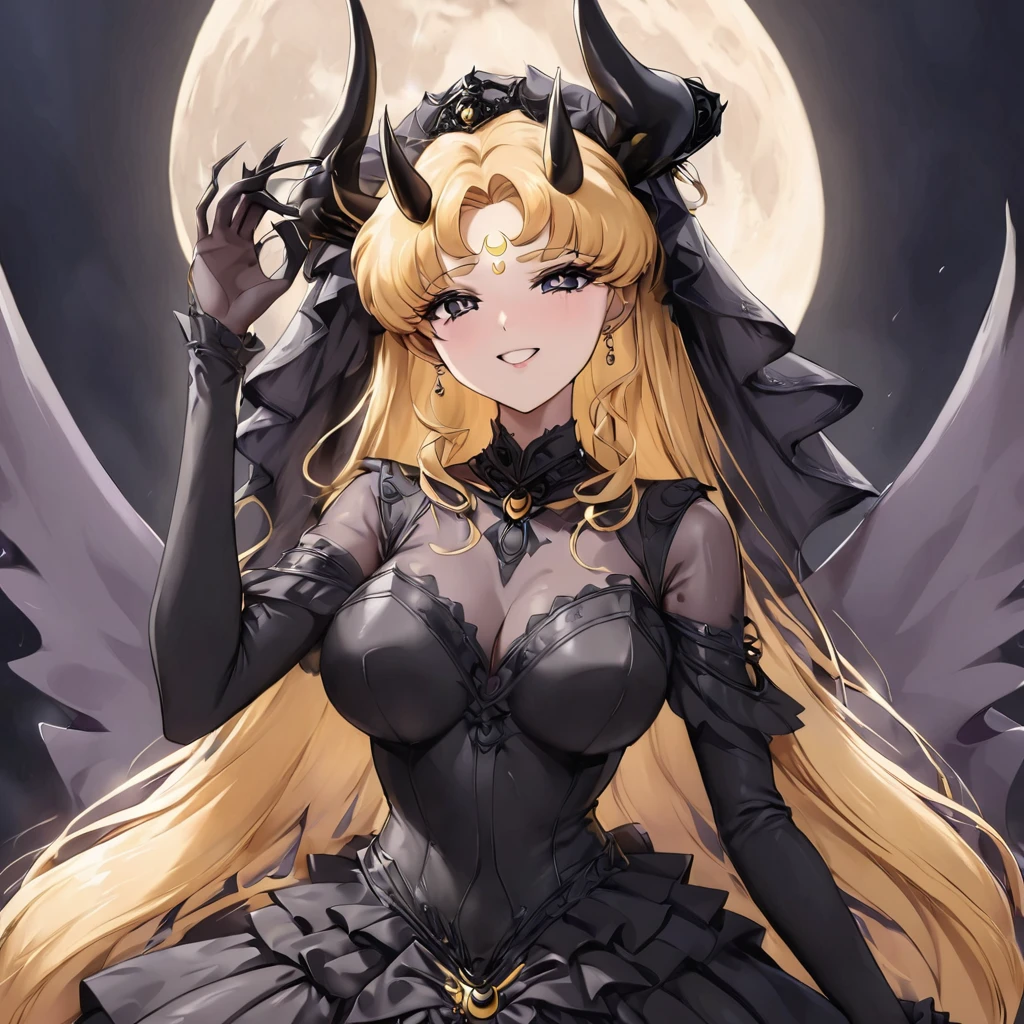 ((Highest quality)), ((masterpiece)), (detailed), (Perfect Face)、Black moon mark on forehead、The woman is the Dark Queen of the Black Moon of the Black Moon Clan, the Demon Queen Black Serenity, and the woman is the sexy, jet-black-skinned demon princess Serenity.、The woman is a jet-black female demon with magnificent devil horns, jet-black devil wings, and a jet-black tail. Her skin is jet-black, and she has a black inverted crescent moon mark on her forehead. She is a devil bride wearing a gorgeous black Gothic Victorian wedding dress and a black wedding veil. She is the jet-black demon Princess Serenity, and has blonde hair with a happy expression as she looks at the camera.2The expression of a girl in love with her long hair tied up、Woman is Black Serenity、Punishment pose on behalf of the moon