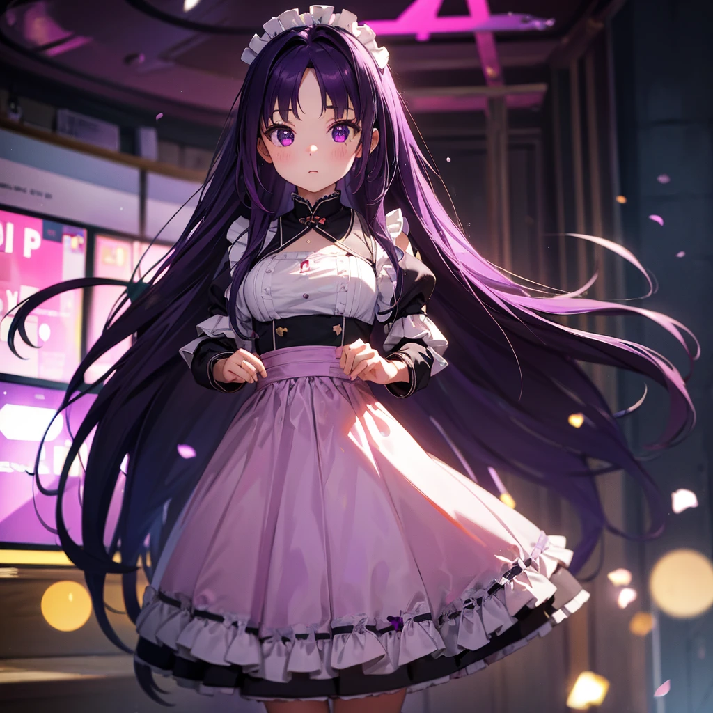 Best picture quality, 8K, high quality, masterpiece:1.2), ((masterpiece)), (great detail, high quality, best picture quality), bokeh, DOF, Portrait, open stance, purple hair long hair, in a black, round face, in a maid uniform, standing in the cafe shop with pink theme