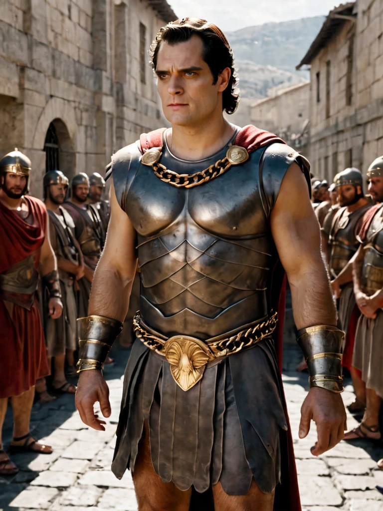 arafed man in a roman costume standing in a prison, in screenshot from the 300 movie, the the man is wrapped in chains, henry cavill as a greek god, 8 k movie still, henry cavill is a greek god, 300 the movie, inspired by Exekias, leading spartans into battle, film still from god of war