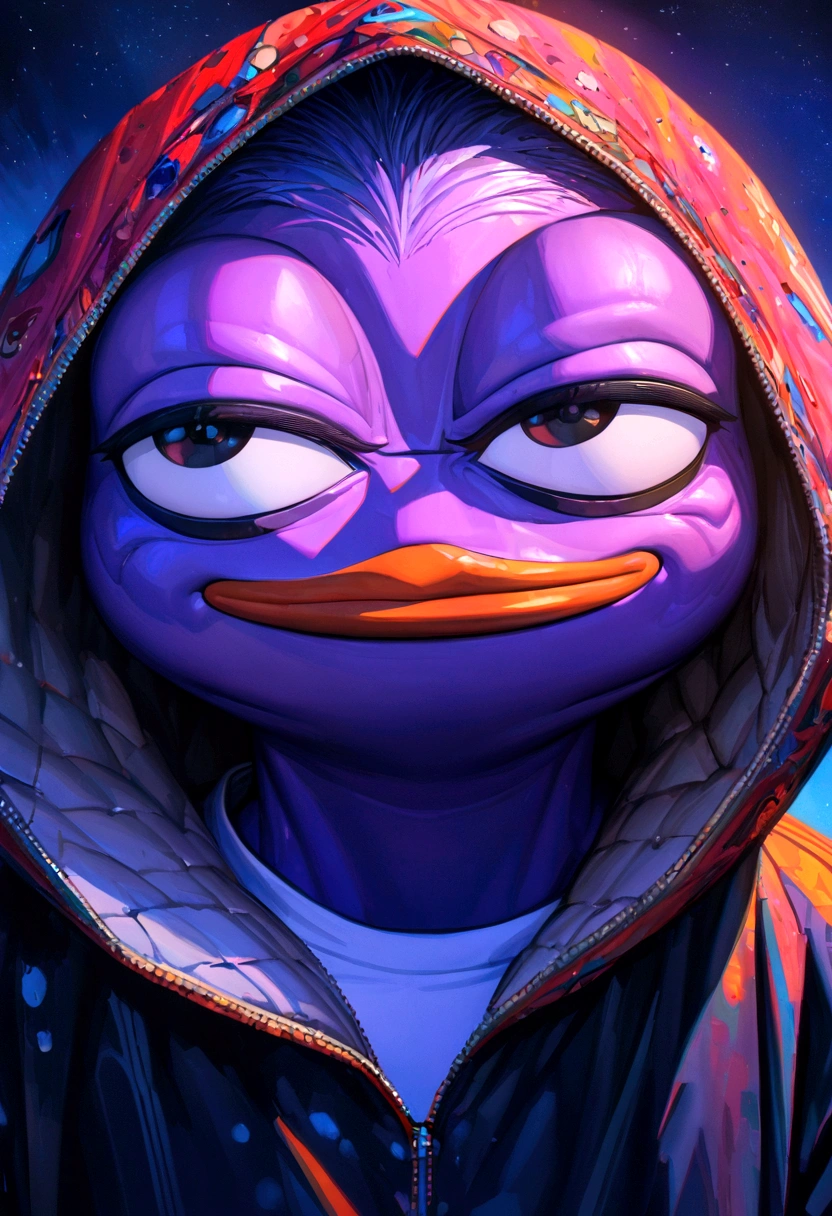 portrait of purple hedgehog pepe with purple skin,, wearing a hooded sweatshirt, standing in a starry night sky background, (((pepe_frog))),,detailed portrait, (best quality,8k,highres,masterpiece:1.2),ultra-detailed,digital painting,vibrant colors,dramatic lighting,fantasy,surreal, pepe the hedgehog with purple skin, hedgehog with big mucles, hedgehog