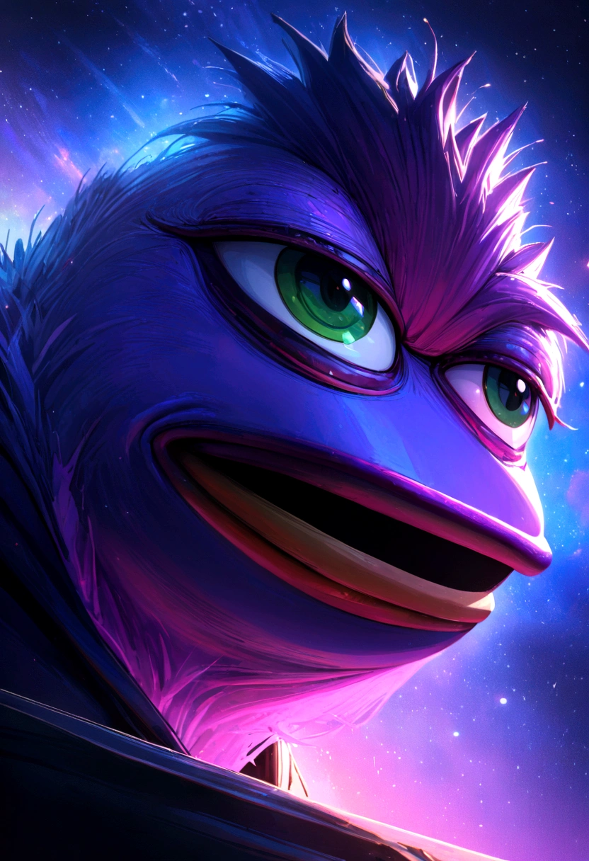 portrait of purple hedgehog pepe with purple skin,, wearing a hooded sweatshirt, standing in a starry night sky background, (((pepe_frog))),,detailed portrait, (best quality,8k,highres,masterpiece:1.2),ultra-detailed,digital painting,vibrant colors,dramatic lighting,fantasy,surreal, pepe the hedgehog with purple skin, hedgehog with big mucles, hedgehog
