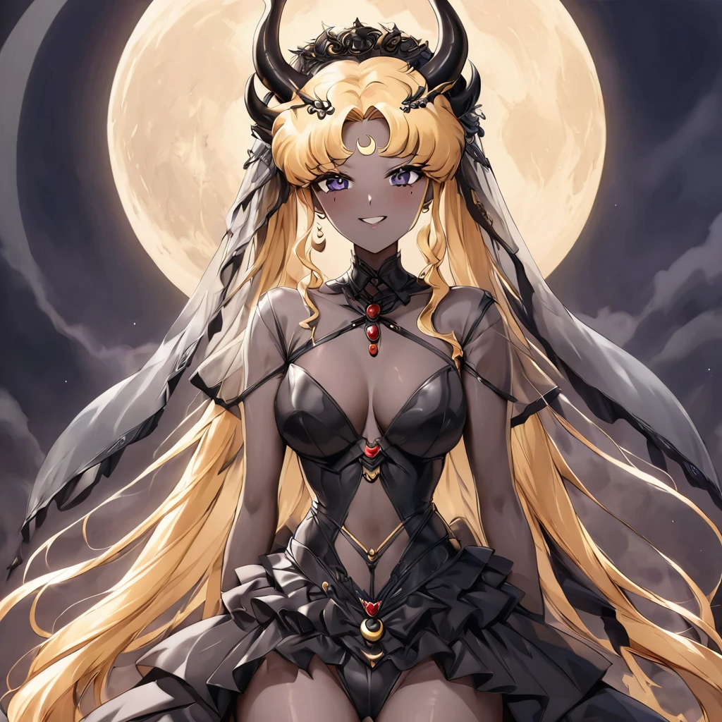 ((Highest quality)), ((masterpiece)), (detailed), (Perfect Face)、The woman is the Dark Queen of the Black Moon of the Black Moon Clan, the Demon Queen Black Serenity, and the woman is the sexy, jet-black-skinned demon princess Serenity.、The woman is a jet-black female demon with magnificent devil horns, jet-black devil wings, and a jet-black tail. Her skin is jet-black and she has a black inverted crescent moon mark on her forehead. She is a devil bride wearing a black luxurious see-through Gothic Victorian wedding dress and a black wedding veil. She is the jet-black demon Princess Serenity, and has blonde hair with a happy expression as she looks at the camera.2The expression of a girl in love with her long hair tied up、Woman is Black Serenity、Punishment pose on behalf of the moon