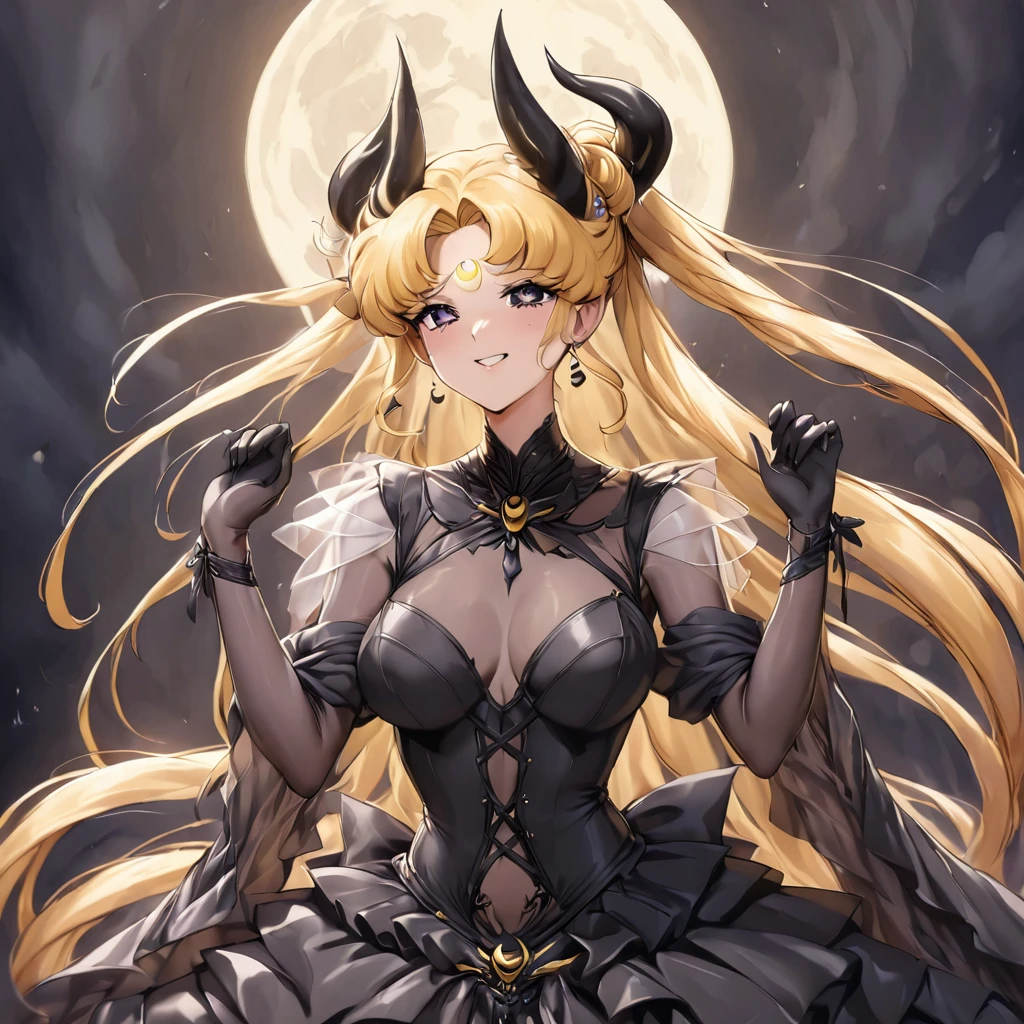 ((Highest quality)), ((masterpiece)), (detailed), (Perfect Face)、The woman is the Dark Queen of the Black Moon of the Black Moon Clan, the Demon Queen Black Serenity, and the woman is the sexy, jet-black-skinned demon princess Serenity.、The woman is a jet-black female demon with magnificent devil horns, jet-black devil wings, and a jet-black tail. Her skin is jet-black and she has a black inverted crescent moon mark on her forehead. She is a devil bride wearing a black luxurious see-through Gothic Victorian wedding dress and a black wedding veil. She is the jet-black demon Princess Serenity, and has blonde hair with a happy expression as she looks at the camera.2The expression of a girl in love with her long hair tied up、Woman is Black Serenity、Punishment pose on behalf of the moon