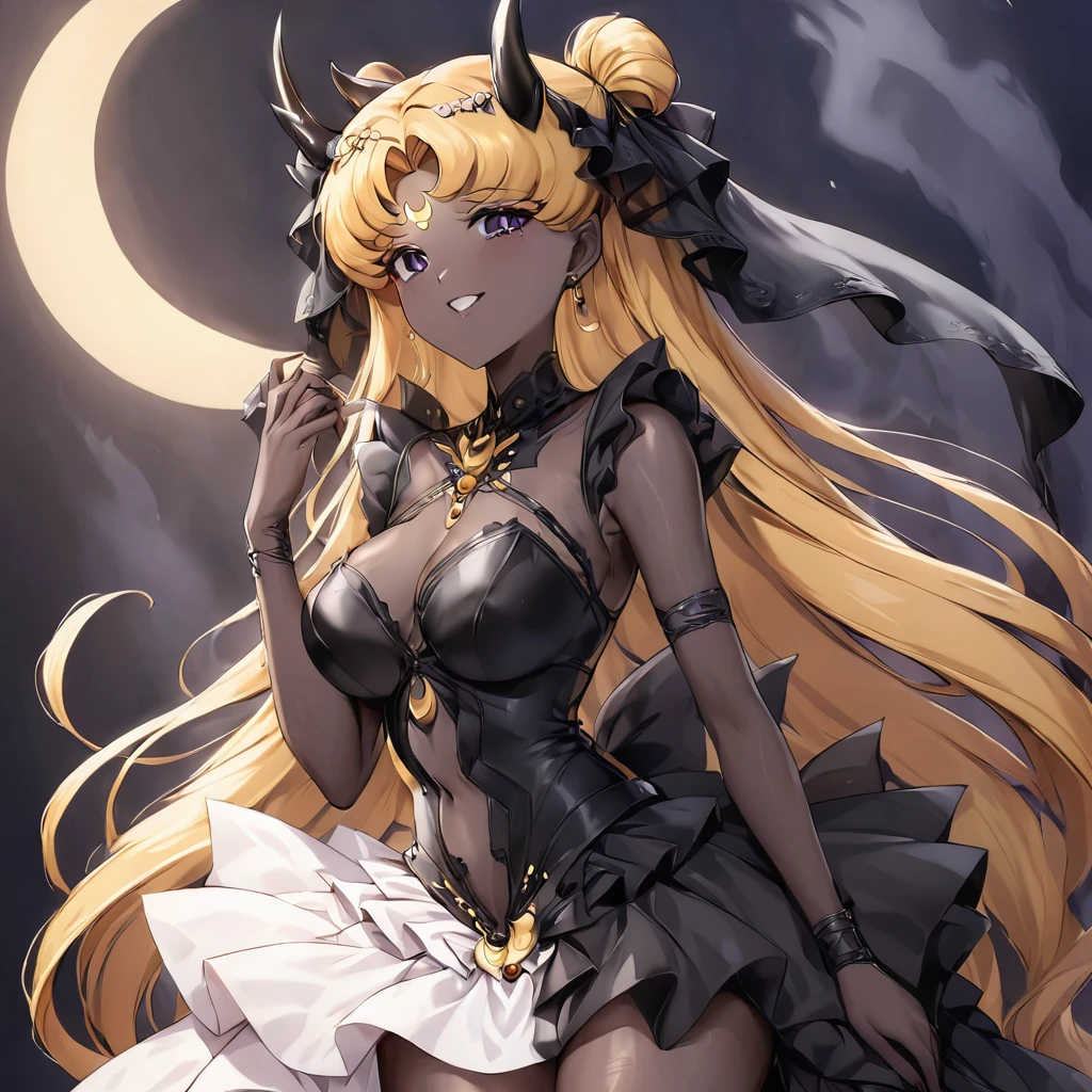 ((Highest quality)), ((masterpiece)), (detailed), （Perfect Face）、The woman is the Dark Queen of the Black Moon of the Black Moon Clan, the Demon Queen Black Serenity, and the woman is the sexy, jet-black-skinned demon princess Serenity.、The woman is a jet-black female demon with magnificent devil horns, jet-black devil wings, and a jet-black tail. Her skin is jet-black and she has a black inverted crescent moon mark on her forehead. She is a devil bride wearing a black luxurious see-through Gothic Victorian wedding dress and a black wedding veil. She is the jet-black demon Princess Serenity, and has blonde hair with a happy expression as she looks at the camera.２The expression of a girl in love with her long hair tied up、Woman is Black Serenity、Punishment pose on behalf of the moon