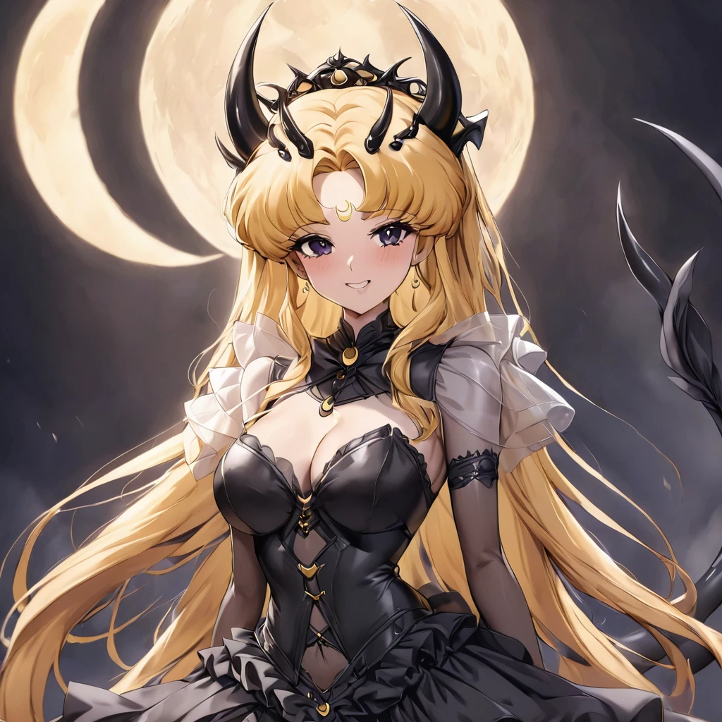 ((Highest quality)), ((masterpiece)), (detailed), (Perfect Face)、The woman is the Dark Queen of the Black Moon of the Black Moon Clan, the Demon Queen Black Serenity, and the woman is the sexy, jet-black-skinned demon princess Serenity.、The woman is a jet-black female demon with magnificent devil horns, jet-black devil wings, and a jet-black tail. Her skin is jet-black and she has a black inverted crescent moon mark on her forehead. She is a devil bride wearing a black luxurious see-through Gothic Victorian wedding dress and a black wedding veil. She is the jet-black demon Princess Serenity, and has blonde hair with a happy expression as she looks at the camera.2The expression of a girl in love with her long hair tied up、Woman is Black Serenity、Punishment pose on behalf of the moon