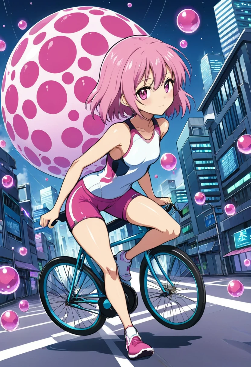 cute anime girl rides a bicycle, in running shorts, short shorts, futuristic city, covered with pink biological cells
