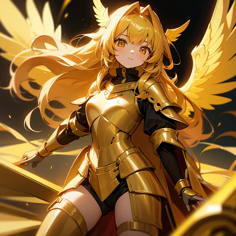 One Girl, 13 yearls old, long golden hair, golden eyes, golden wing, Cute, Golden Armor, front facing