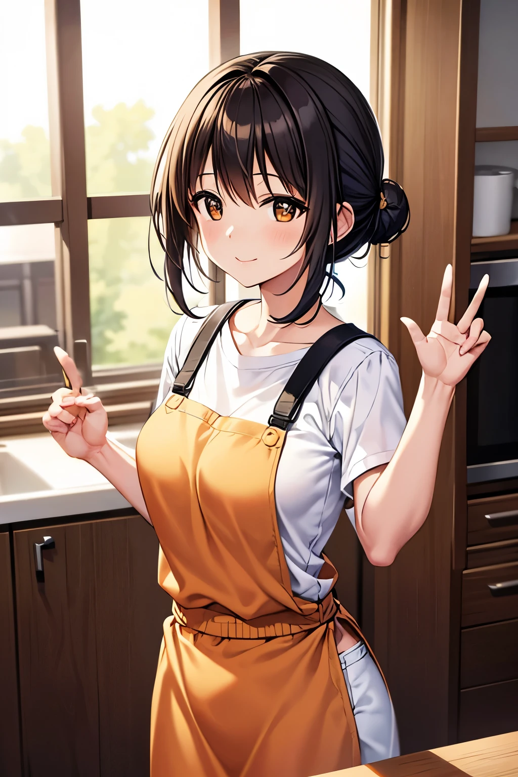 Warm and inviting illustration of a 35-year-old Japanese woman with black hair in a bun, dark brown eyes, and a friendly smile. She wears a white T-shirt, orange apron, and denim pants. She stands in a kitchen filled with the golden light of evening, raising one hand in a V-sign, thoughtfully deciding on today's meal. The scene evokes a sense of daily life and comfort. --ar 16:9 --v 6.0 --q 2 --s 200