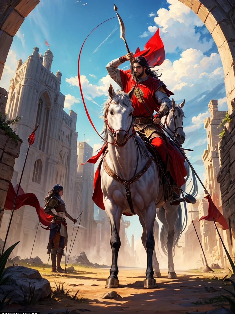 Make the most beautiful picture that you can, whatever you want to make, make it a beautiful landscape, make it very beautiful, add some animals, add a warrior in the background, it is of medieval times, he's holding a big red sword, has bow and arrows on his back and is wearing cool clothes