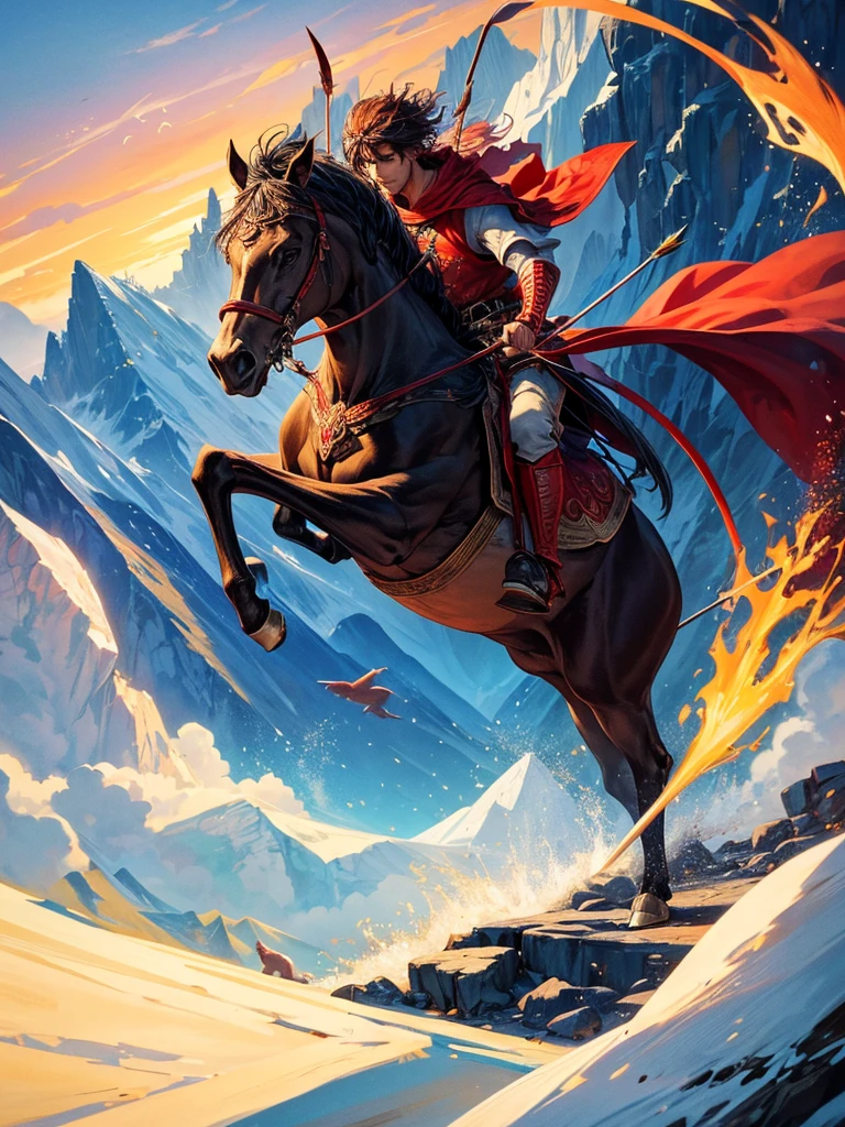 Make the most beautiful picture that you can, whatever you want to make, make it a beautiful landscape, make it very beautiful, add some animals, add a warrior in the background, it is of medieval times, he's holding a big red sword, has bow and arrows on his back and is wearing cool clothes 