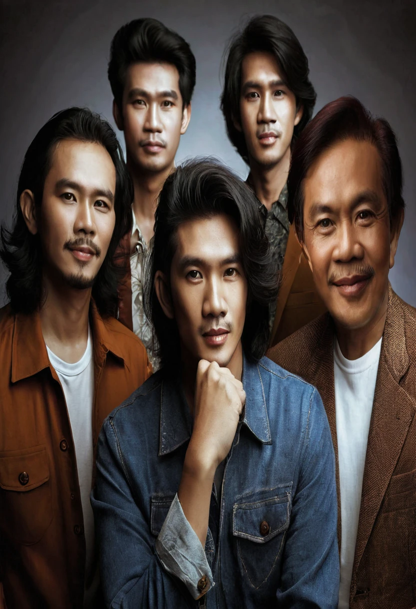 there are five men standing together in a studio photo, an indonesian family portrait, dramatic portraiture of namenlos, by Basuki Abdullah, inspired by Rudy Siswanto, family portrait, potrait, portrait shot, promotional portrait, photo portrait, barong family, portraiture, inspired by Jorge Jacinto, fanart, by Jack C. Mancino