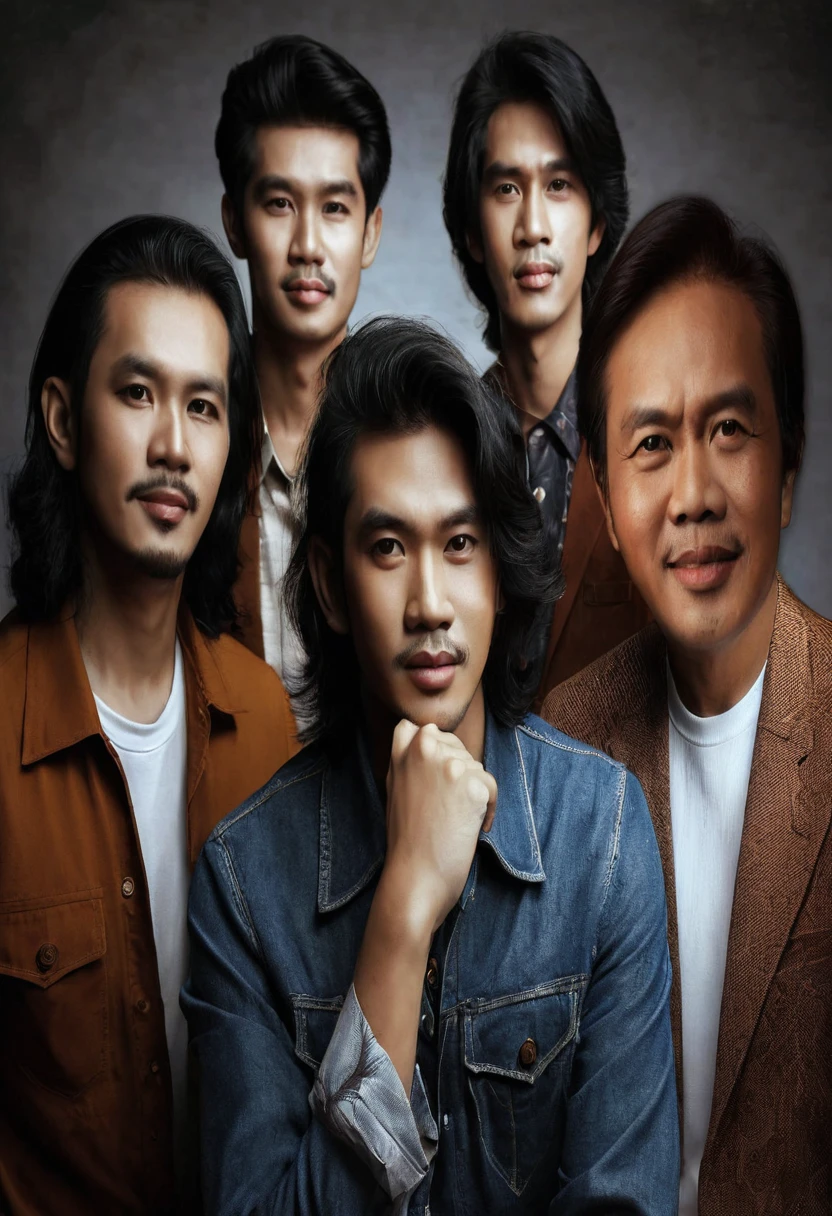 there are five men standing together in a studio photo, an indonesian family portrait, dramatic portraiture of namenlos, by Basuki Abdullah, inspired by Rudy Siswanto, family portrait, potrait, portrait shot, promotional portrait, photo portrait, barong family, portraiture, inspired by Jorge Jacinto, fanart, by Jack C. Mancino