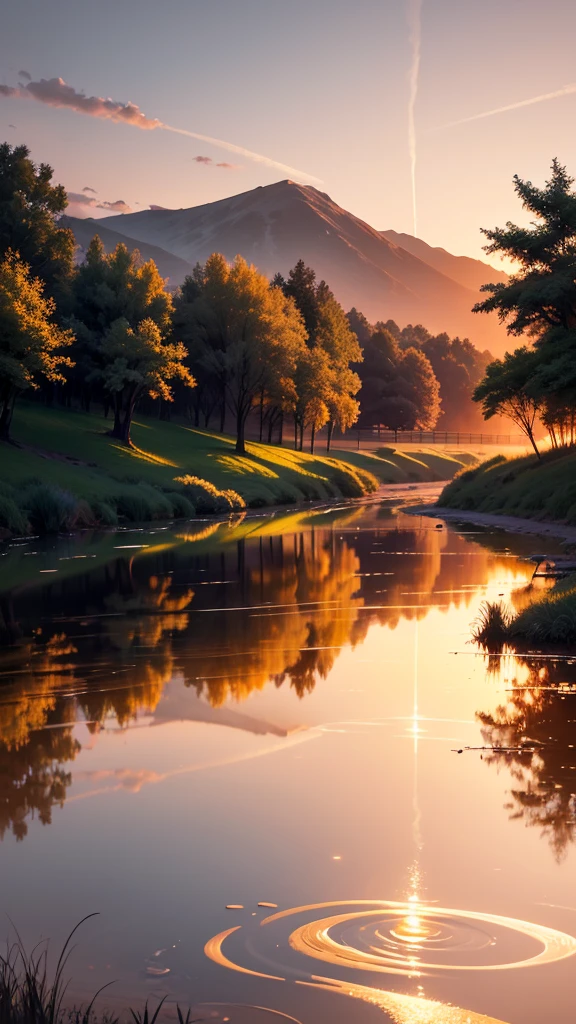 Paint a picture of a serene sunset over a tranquil countryside, with golden fields and a calm, reflective pond.
