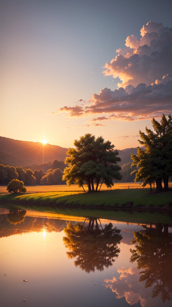 Paint a picture of a serene sunset over a tranquil countryside, with golden fields and a calm, reflective pond.