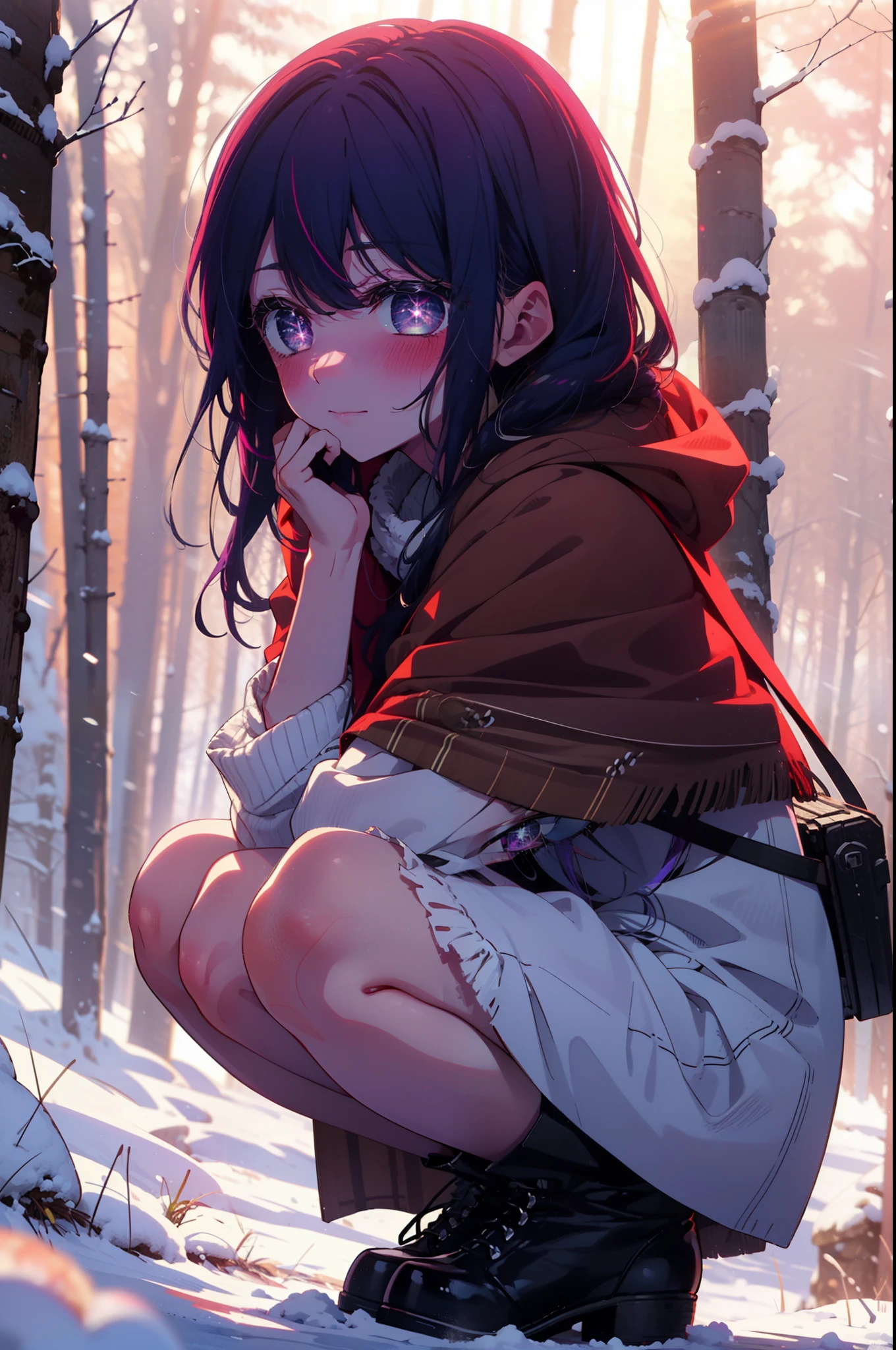 aihoshino, Ai Hoshino, Long Hair, bangs, (Purple eyes:1.1), Purple Hair, (Symbol-shaped pupil:1.5), smile,,smile,blush,White Breath,
Open your mouth,snow,Ground bonfire, Outdoor, boots, snowing, From the side, wood, suitcase, Cape, Blurred, , forest, White handbag, nature,  Squat, Mouth closed, Cape, winter, Written boundary depth, Black shoes, red Cape break looking at viewer, Upper Body, whole body, break Outdoor, forest, nature, break (masterpiece:1.2), Highest quality, High resolution, unity 8k wallpaper, (shape:0.8), (Beautiful and beautiful eyes:1.6), Highly detailed face, Perfect lighting, Highly detailed CG, (Perfect hands, Perfect Anatomy),