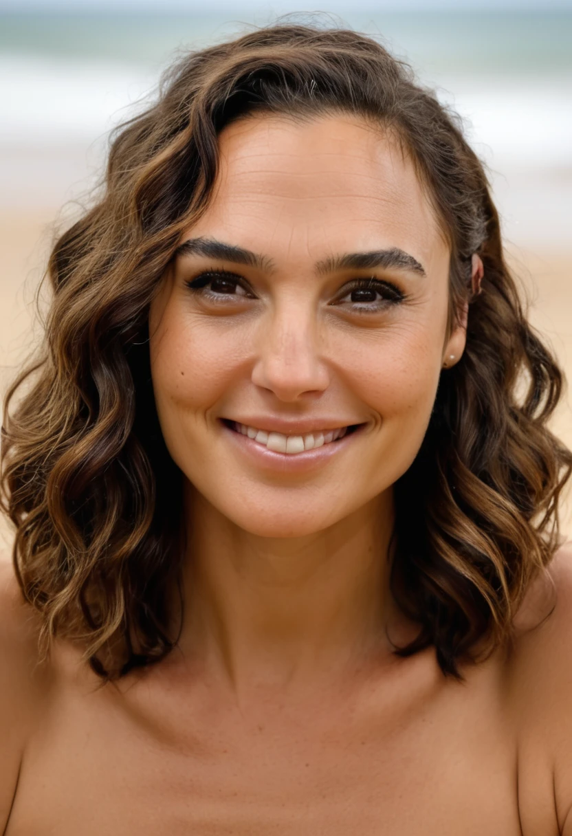 (high quality bikini model photograph) (GalGadot , tired look, exhausted , 45yo woman, on a beach , pale skin tone ,( erotic model photoshoot , sexy angles , tall fit woman, curly brown wet hair , she is nude on beach ocean , smiling seductively , making her hair, galxgadt, pony ,shiny breast , topless, show her detailed shiny ) photorealistic, oily skin texture , buttery brown skin ) ,celebrity erotic photograph , oily skin , shiny sweaty skin , celebrity, female, woman, hollywood actress, fleshy muscular woman , ( perfect anatomy ,natural lights, correct hands ,depth of field, insanely detailed skin texture, hyper detailed features, hyper photorealistic texture )