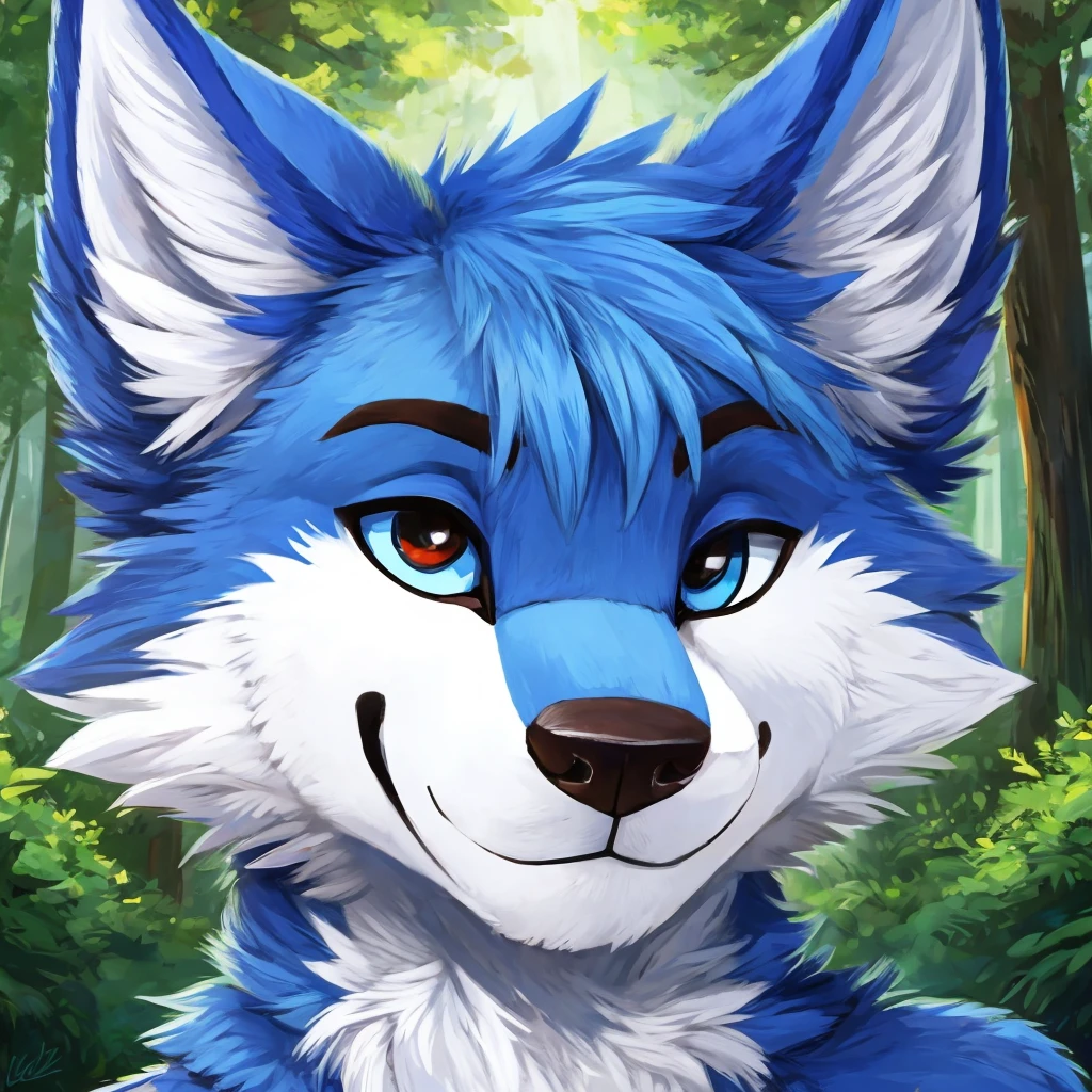a anthropomorphic blue colored fur wolf, closed smile, headshot, high quality furry art, cute, forest background.