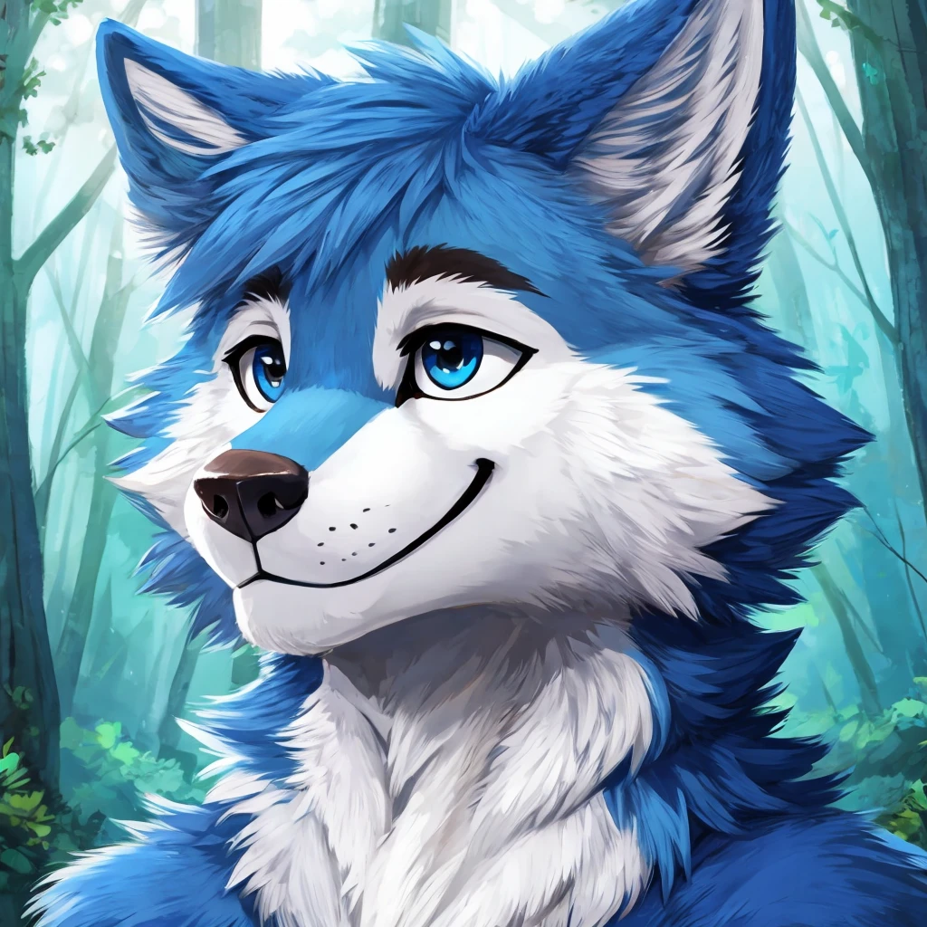 a anthropomorphic blue colored fur wolf, closed smile, headshot, high quality furry art, cute, forest background.