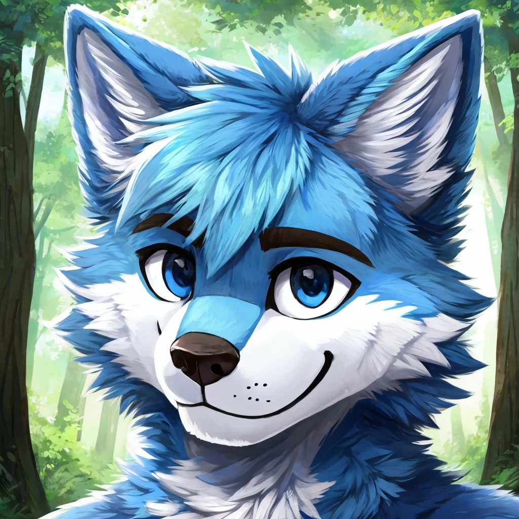 a anthropomorphic blue colored fur wolf, closed smile, headshot, high quality furry art, cute, forest background.