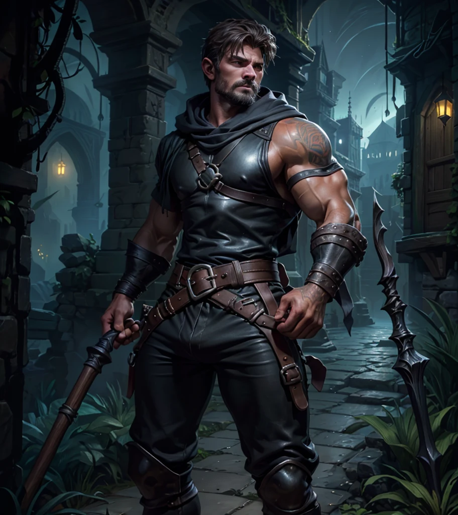 (((Appears to be 20 years old with youthful looks.))) (((Dark and sinister background at night.))) (((Solo character image.))) (((Generate a single character image.))) Dark fantasy art, (((Dark, night time background.))) (((Strong elements of dark medieval fantasy.))) (((Handsome rugged male.))) Night background. Dark. Eerie. Dark fantasy art, long blond hair, Scoundrel. Vagabond. Miscreant. Knave. This is an urban explorer in a dark fantasy realm. Looks mysterious, wearing a black shirt, black pants and black boots. Looks like a sneaky rogue in medieval fantasy urban setting. Looks like a shady rogue in a medieval fantasy setting. Looks like a medieval fantasy male character. Looks like a male rogue for Dungeons & Dragons in a medieval fantasy setting. Wears lots of black clothing. Looks like a handsome criminal for a medieval fantasy setting. Looks shifty. Looks suspicious. Looks untrustworthy. wearing black leather medieval clothing, sneaky, rogue, muscular, bodybuilder, gorgeous face, fantasy artwork, fantasy attire, fantasy adventurer, masterpiece:1.3,madly detailed photo:1.2, hyper-realistic lifelike texture:1.4, picture-perfect:1.0,8k, HQ,best quality:1.0, (masterpiece,fantasy,art, best quality, unreal engine, 8k, ultra HD, centered image, absurdres