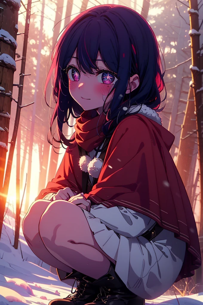 aihoshino, Ai Hoshino, Long Hair, bangs, (Purple eyes:1.1), Purple Hair, (Symbol-shaped pupil:1.5), smile,,smile,blush,White Breath,
Open your mouth,snow,Ground bonfire, Outdoor, boots, snowing, From the side, wood, suitcase, Cape, Blurred, , forest, White handbag, nature,  Squat, Mouth closed, Cape, winter, Written boundary depth, Black shoes, red Cape break looking at viewer, Upper Body, whole body, break Outdoor, forest, nature, break (masterpiece:1.2), Highest quality, High resolution, unity 8k wallpaper, (shape:0.8), (Beautiful and beautiful eyes:1.6), Highly detailed face, Perfect lighting, Highly detailed CG, (Perfect hands, Perfect Anatomy),
