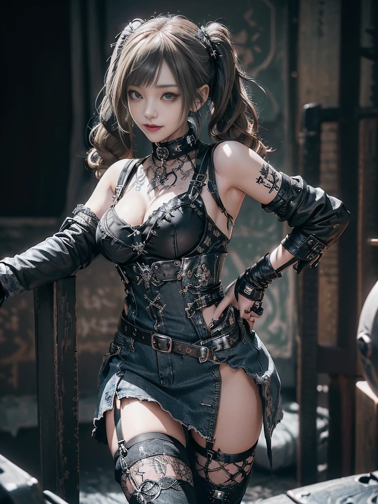 (Smiling with teeth showing:1.3),(Shibuya Gal:1.5)、(Gothic ta style fashion:1.5)、(Punk RockVisual Kei:1.4)、(Denim and black and white medieval noble mini skirt dress:1.5)、(Denim with black and white medieval gloves and bustier:1.5)、(Denim high heels:1.3)、(Wearing silver accessories:1.5)、(Denim collar:1.4)、(Black Leather Garter Belt:1.4)、(Brown Skin Belt:1.3)、(Black lace underwear:1.5)、20-year-old、NSFW、((Highest quality、In 8K、masterpiece:1.3))、Sharp focus:1.2、(Layered Cut、Huge boobs:1.1),Beautiful woman with perfect figure:1.4、(Dancing vigorously:1.3)、Slender Abs:1.2、Highly detailed face and skin texture、Detailed eyes、double eyelid,(Twin tails:1.3)、(Brown-golden hair:1.3)、Gravure idol、(The background is the Takarazuka Revue stage.:1.3)、(Slim body:1.2),(Make your legs thinner:1.4),(clavicle:1.1)