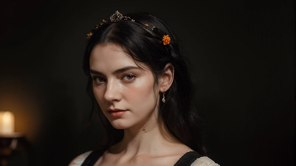 Create a hyper-realistic portrait of a 20th century woman with pale skin wearing a black dress from the 1900s, with black hair and an orange blossom crown.. The portrait must have a black background, old style photography and looking straight ahead. The woman must be pretty like a model, but you can&#39;t get lost in the dark