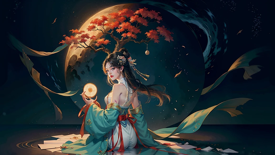 Official Art, Unity 8K wallpaper, Extremely detailed, beautiful and aesthetic, masterpiece, best quality, For the world,You may be alone,But for someone,You could be the whole world, paradox, Adrian Genius, Jenny Savile, Edward Hope, Surrealism, The Dark Arts of James Jean, Takato Yamamoto, 墨water朋克极简主义, fashion magazine, Editorial Photography, gufeng, moon, Tree, Solitary, water, flower, Branches, night, Black Hair, Back to, shawl, full moon, (1 Korean girl,Sexy facial features), in Tree, Long hair, Sky, sit, Chinese clothes, Hanfu, crescent moon, permanent, outdoor,Hold a folding fan in your hand