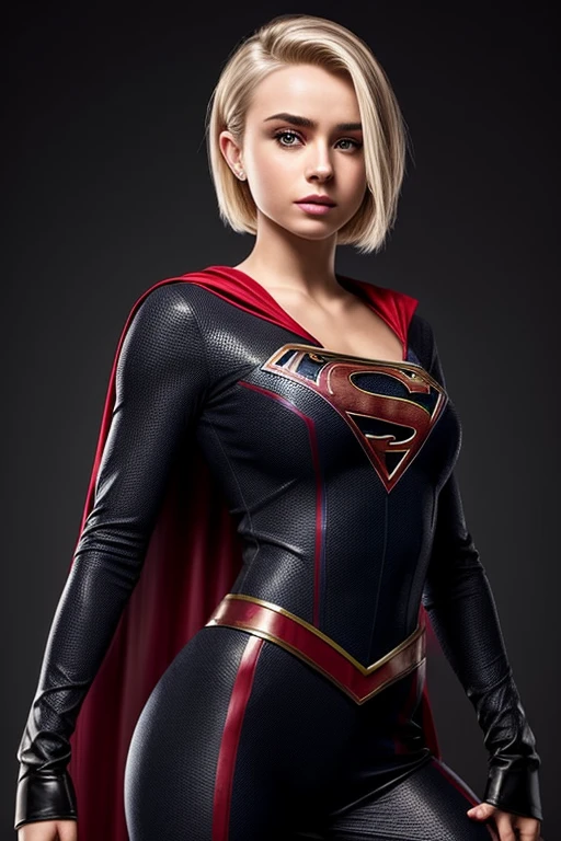 Gorgeous european woman with very short hair, short hair with fringe, wet hair, hair slicked back, combed straight back, slick hair, streaked blonde hair, seductive pose, sabrina carpenter as supergirl, torn ragged supergirl costume, cleavage, solid dark grey background with spider web